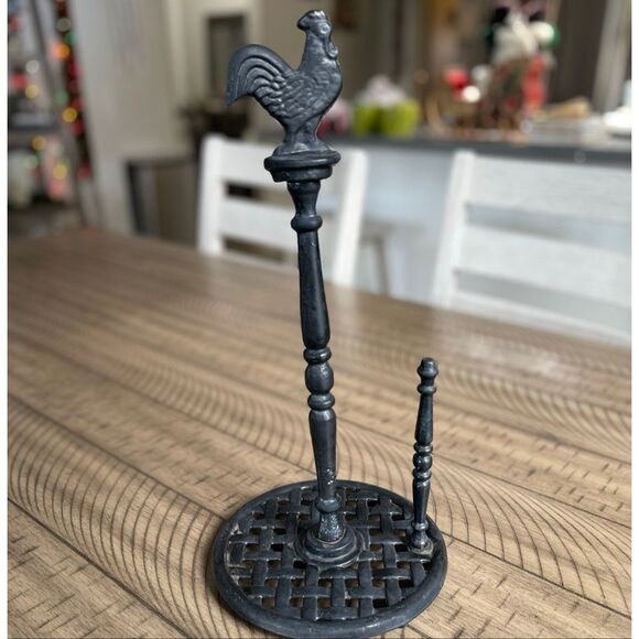 Black cast iron Rooster paper towel holder heavy farmhouse country style decor - Picture 3 of 10
